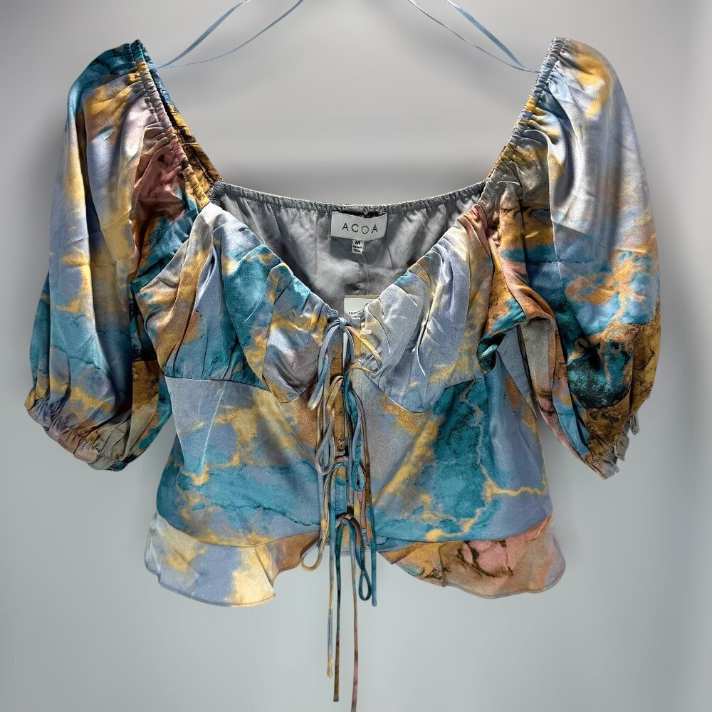 ACOA Satin Marble Puff Sleeve Lace-Up Crop Blouse